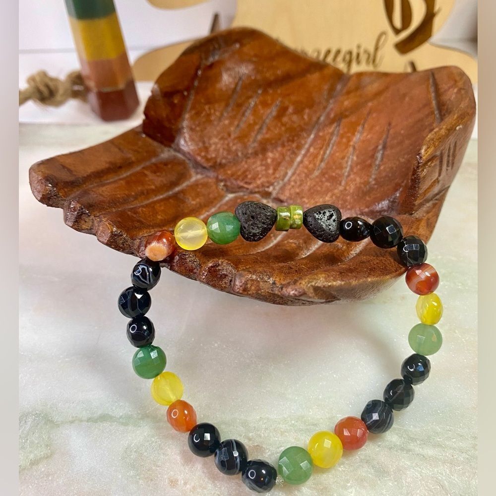 Handmade Rasta Love Faceted Agate Aventurine Jade & Lava Stone Bracelet